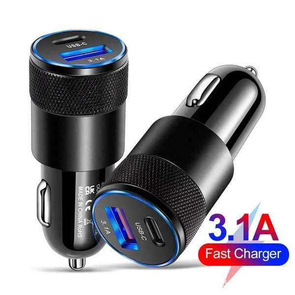 A Car Charger With Aluminum Alloy USB+PD Interface, 3.1A With Ambient Light, Suitable For Charging Mobile Phones, Watches, Fans, Tablets And Other Devices In Cars, Buses And Trucks With 12V/24V Power Supply.