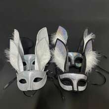 1pc Sparkly Rhinestone Bunny Ears Plush Masquerade Mask, Festival Party Ball Performance Prop - Multicolor - View 2