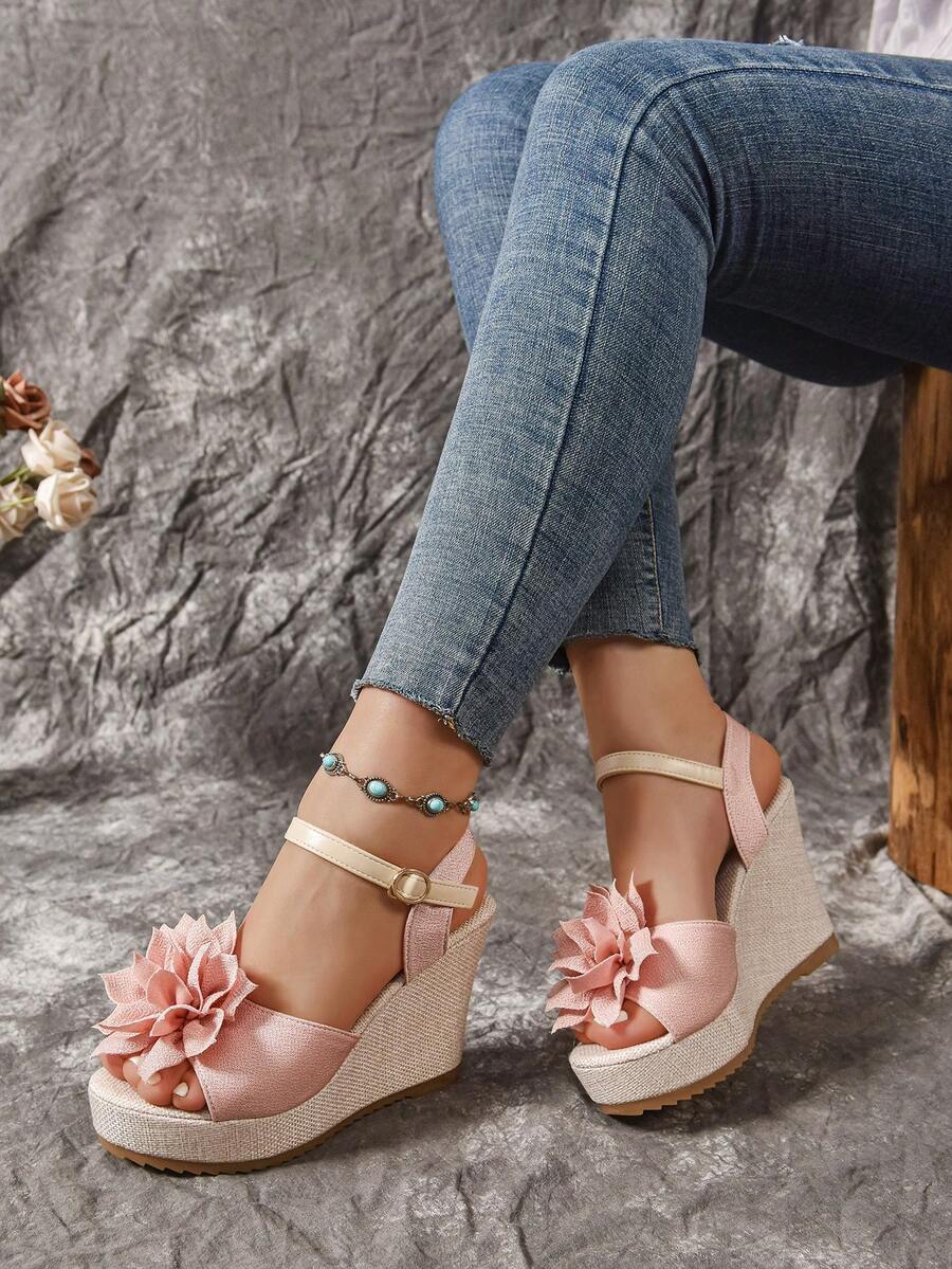 Women's Bow Decor Espadrille Wedge Sandals, Summer Resort Style, Pink - Pink - View 1