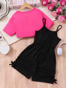 2 peças/conjunto de blusa de manga curta de cor sólida para meninas + macacão com estampa de letras - Rosa Quente - Ver 2