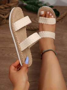 Plus Size Women's Summer New Fashion Wide Weaving Straw Bohemian Style Beige Braided Rope Sole Casual Slippers, Lightweight Comfortable Slip-On Beach Sandals, Non-Slip
