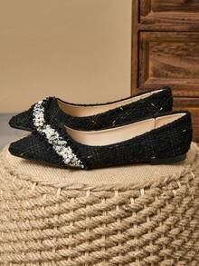 WHDXY Women's Pointed Toe Slip-On Flats, French Style Low-Cut Party Pearl Decor Soft Sole Work Shoes, Fairy Breeze Furry Casual Slip-On Loafers