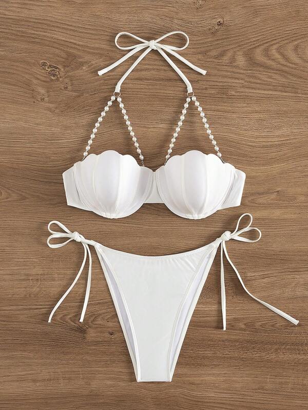 Ensemble de bikini à col ras-du-cou sexy avec perles et coque dure, bikini unicolore à forme de perle et à lien, pour les vacances d'été