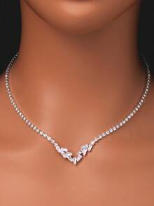 1pc Women's Rhinestone Leaf & Zirconia Necklace, Party Jewelry Accessory - Leaf - View 2