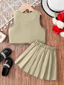 2 piezas Conjunto de niña de verano con cárdigan casual de unicolor abierto + Top camisa + Mini falda plisada negra simple, Atuendo de uso diario, Juvenil y Vibrante