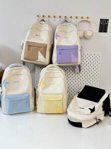 High Capacity Color Block Backpack, Lightweight Reduce Burden Double Shoulder Bag, Fashionable & Versatile School Bag - A - View 2