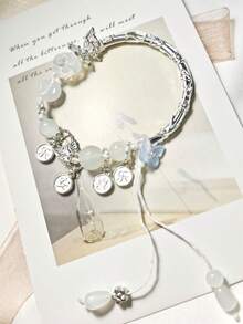 1 pieza Nuevo brazalete elegante de estilo chino con flores rosas, cuentas y leyenda "Paz y Felicidad", joyería chic para mujer - Blanco - Ver 4