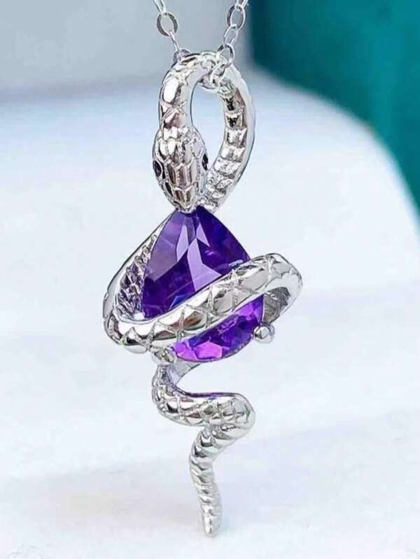 1pc 925 Silver Plated Purple Crystal Snake Pendant, Without Chain, Suitable For Women Daily & Party Wear