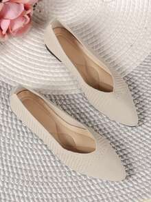 Women's Fashion Pointed Toe Knitted Flats, Solid Color Casual Slip-On Versatile Loafers - Beige Strips - View 5