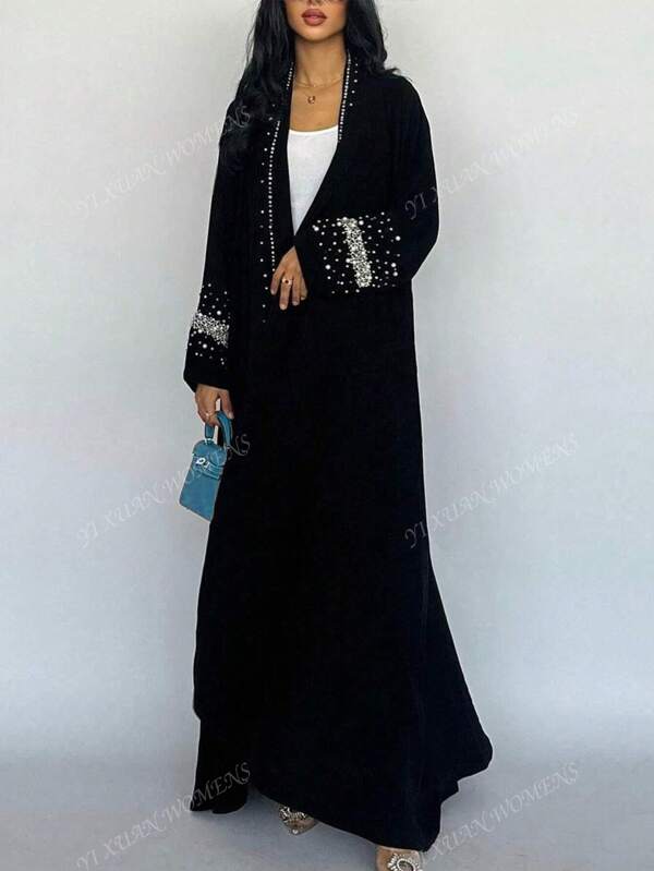 Vestido largo de estilo árabe para mujer musulmana con adornos de rhinestone, abaya de unicolor de poliéster con capucha, túnica tejida para todas las estaciones