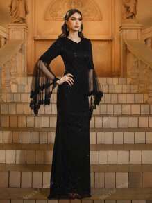 Black Sequin V-Neck Mesh Sleeves Prom Dress