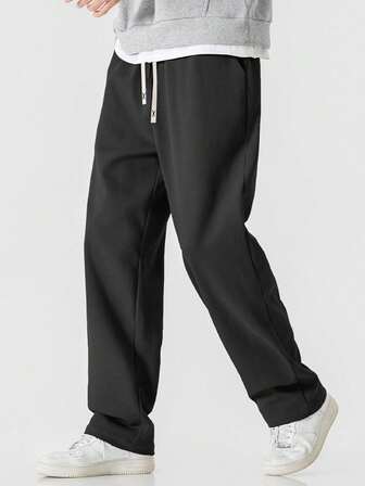 Black Knitted Plus Size Men Straight Leg Pants, Loose Casual All-Match Solid Color Sweatpants Suitable For Spring Autumn
