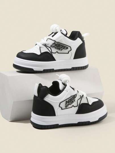 1 Pair Unisex Letter Print Color Block PU Anti-Slip Thick Sole Round Toe Mid-Top Lace-Up Casual Sports Shoes, Suitable For Spring & Autumn