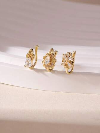 3pcs Vintage Palace Style Copper & Zirconia Water Drop Shaped Floral Faux Nose Ring Set, Suitable For Women's Daily Wear