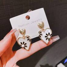 1 paire de boucles d'oreilles à goutte d'huile à motif cœur en noir et blanc, convenant aux femmes pour un port quotidien et professionnel toute l'année