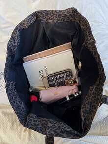 1pc Fashion Stylish Color Block Leopard Print Shoulder Tote Bag For Women, Large Capacity - Black - View 7