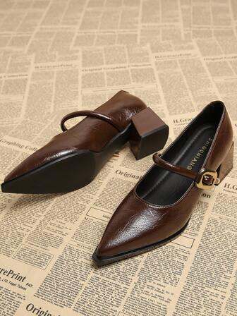 2025 Spring New Pointed Toe Low Vamp High Heel Shoes, Elegant Minimalist Fashion Versatile Women's Shoes, Coffee Brown Chunky Heel Pumps