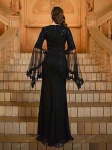 Black Sequin V-Neck Mesh Sleeves Prom Dress