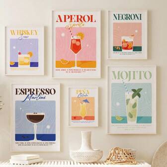 1/6 件鸡尾酒印刷品、彩色酒吧推车画廊墙面艺术（可选相框）、复古鸡尾酒海报、酒吧可打印艺术、饮料墙面装饰、数字下载