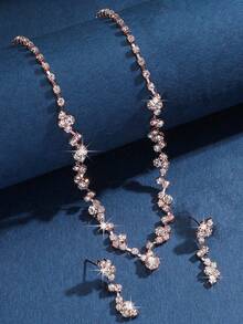 3件套简约闪耀钻石水滴项链耳环首饰套装，适合女士婚礼、生日、周年纪念派对佩戴 - 玫瑰金 - 查看 7