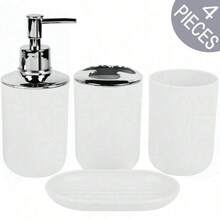 四件套豪华浴室配件套装，塑料和竹制浴室收纳套装，包含乳液瓶、牙刷架、漱口杯和皂碟，非常适合作为生日、节日、乔迁礼物，黑白家居浴室装饰，秋季、返校季适用。