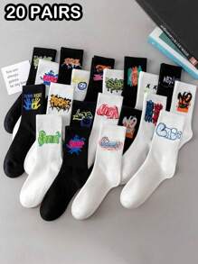 10pairs Random Black-And-White Teenagers Boy's Street Style Casual Sporty Graffiti Mid-Calf Socks