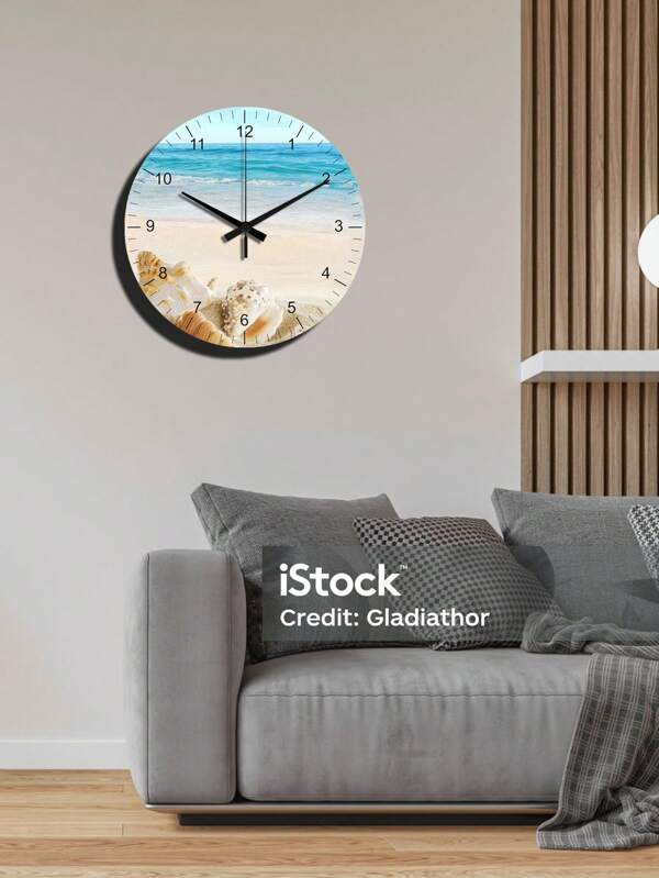 1pc Fashionable Wooden Coastal Landscape Decorative Wall Clock For Home