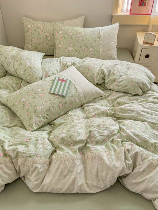 Juego de ropa de cama de 4 piezas con estampado floral ditsy hueco verde (1 * Edredón + 1 * Sábana plana + 2 * Fundas de almohada). Sábanas de unicolor, cómodas y adecuadas para el Día de San Valentín y uso diario. 100% poliéster, lavable a máquina, para todas las estaciones.