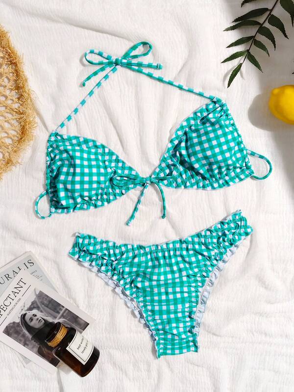 2025 New Arrival Women Beach Dress, Summer Vacation Green Plaid Flounce Halter Bikini Set Set