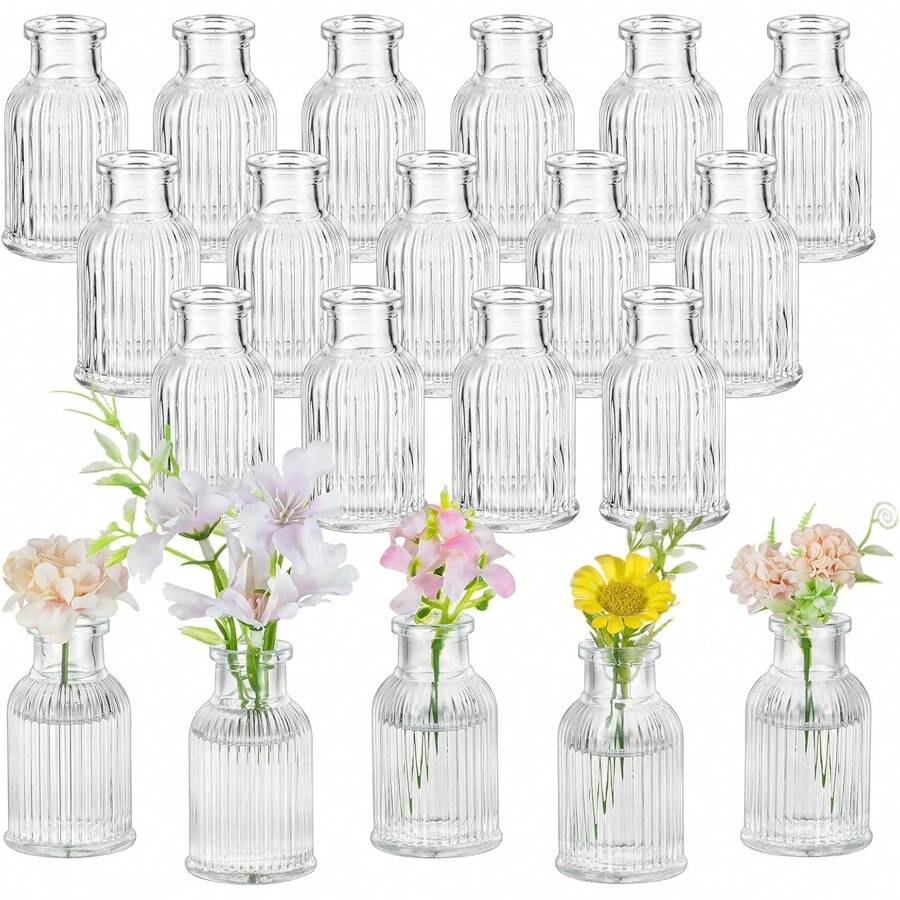 Set de vaze 1/6/12 piese, vază de sticlă pentru decorarea centrului, vază mică, vază modernă cu dungi transparente, vază vintage pentru decorarea mesei, petrecerea de nuntă și decorarea casei.