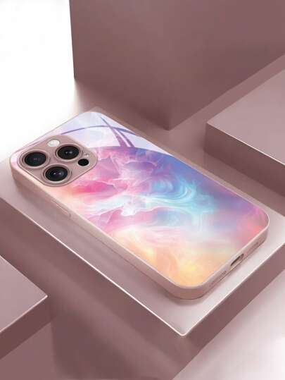 1pc Creative Tie-Dye Watercolor Design Anti-Fall Glass Phone Case, Compatible With Apple & Phones Waterproof Shockproof Scratch Resistant