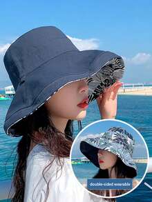 1pc Outdoor Wide Brim Sun Hat, Double-Sided Floral Pattern Reversible Sun Protection Beach Hat, UV Protection Bucket Hat