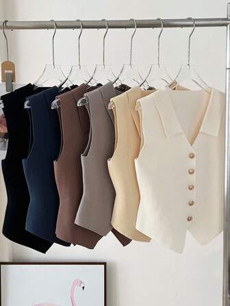 1件女士针织修身背心，黑色、白色、米色、咖啡色、紫色可选，无袖，单排扣，法式复古假领，适合圣诞装饰连衣裙