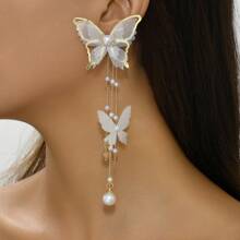 2 Pièces Boucles D'oreilles Pendantes Élégantes En Dentelle, Strass, Perles Fausses Et Papillon Avec De Longues Franges Pour Un Port Quotidien Pour Femme, Style Européen Et Américain