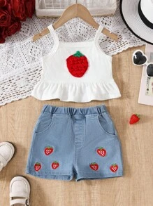 Conjunto informal de 2 piezas: Camiseta de tirantes con estampado de fresas y shorts vaqueros para niñas