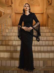Black Sequin V-Neck Mesh Sleeves Prom Dress