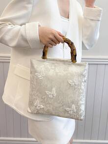 1 peça bolsa de mão de bambu retrô com decoração de borboletas e jacquard rosa, bolsa feminina elegante e moderna para viagens e lazer no verão - Branco - Ver 4