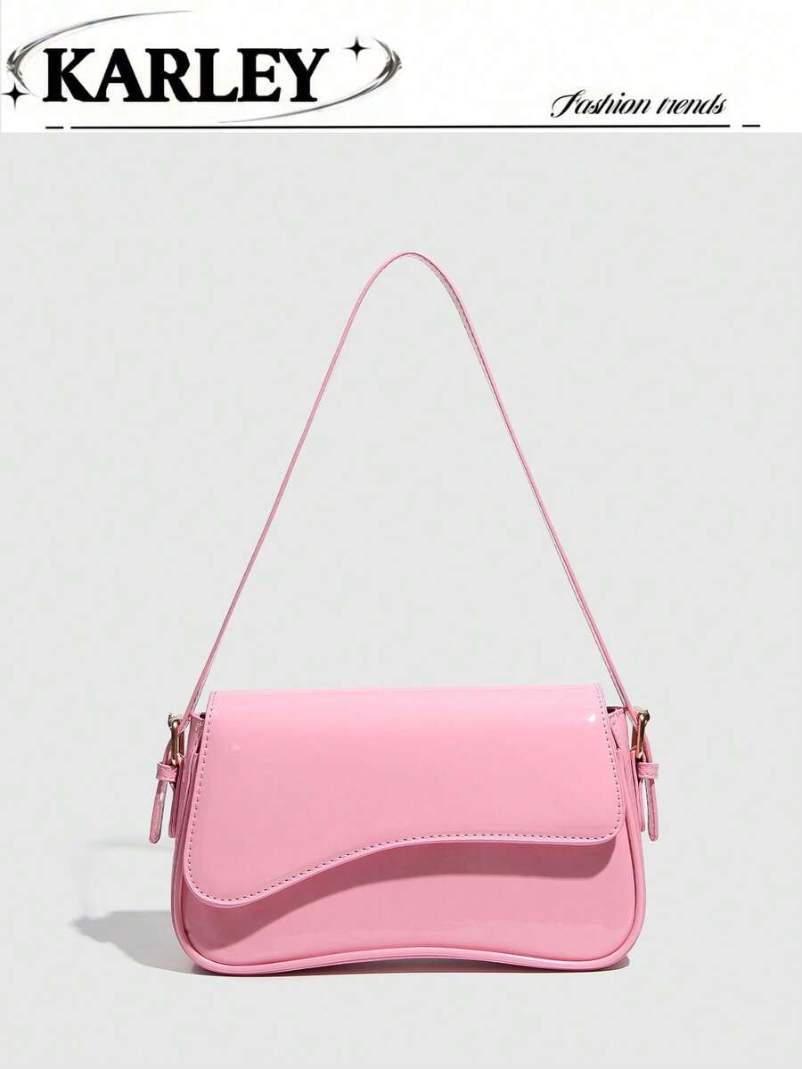 1 件勃艮第简约纯色女士单肩包、翻盖单肩包、法棍包、手提包、腋下包、方包、PU 皮革纹理包、漆皮鳄鱼纹 PU 时尚多功能优雅性感适合手提、单肩、工作、商务、通勤、户外、旅行、包包尺寸：27 * 15 * 6 厘米 - 粉色 - 查看 1