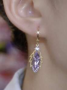 2 Pairs Luxury Fully Rhinestone Glitter Leaf Design Earrings, Exquisite Ear Hoops For High-End Style, Face Slimming Earrings - Violet Purple - View 3