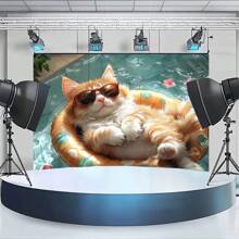 1 Fun Pool Cat Banner, Equipped With Fashionable Glasses And Inflatable Lifebuoys - A Magical Orange White Cat In The Water, Suitable For Indoor And Outdoor Activities, Courtyard And Garden Celebrations Decoration | Fun Patterns | High-Quality Background