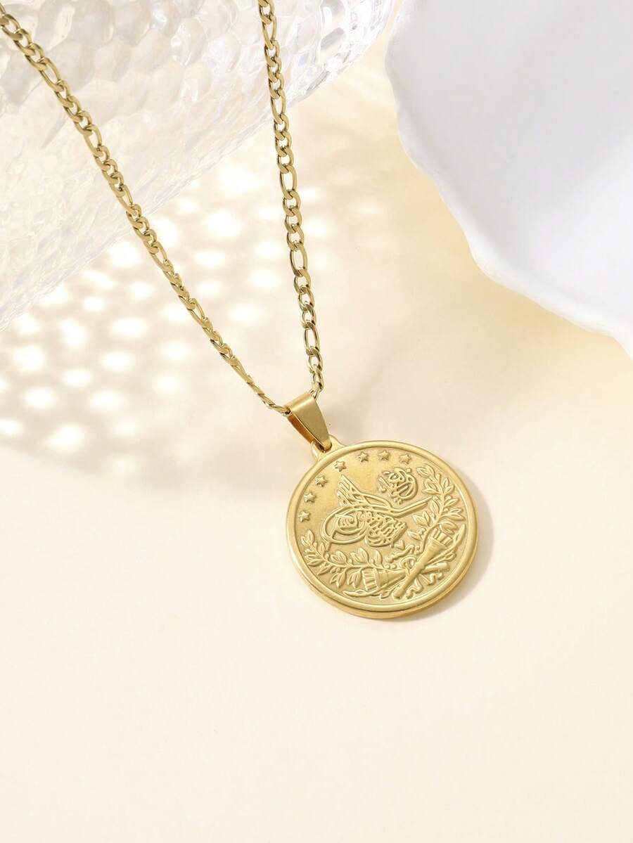 1pc Fashion Classic Vintage Solid Large Round Pendant Necklace With Double-Sided Pattern, Stainless Steel - Yellow Gold - View 1