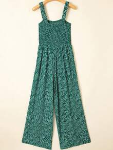 CILKOO 波西米亚风印花方领无袖宽松褶皱连体裤，带口袋，夏季休闲阔腿裤 - 綠色 - 查看 4