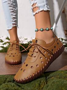 Women's Spring/Summer New Leather Flat Brown Casual Shoes, Hollow Design Round Toe Lace-Up Sandals, Breathable Comfortable Non-Slip