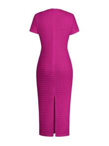Vestido de unicolor de manga corta para damas, con diseño elegante, con cremallera, hebilla falsa, abertura para citas al aire libre, ir al trabajo, festivales de música, Navidad, Día de la Madre - Rosa Fucsia - Ver 5