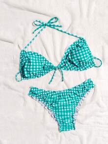 2025 New Arrival Women Beach Dress, Summer Vacation Green Plaid Flounce Halter Bikini Set Set