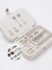 1 件情人节礼物旅行珠宝盒，PU 皮革珠宝收纳盒，女士女孩双层便携式迷你旅行盒展示收纳盒，适用于耳环、戒指、项链、手链 - 白色 - 查看 6