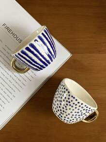 1pc 100ml Mini Ceramic Nordic Style Handpainted Concentrated Coffee Cup, Gold Handle Small Espresso Cup, Suitable For Home Daily Use, Coffee Maker, Cafes And Restaurants, Afternoon Tea Cup, Gift