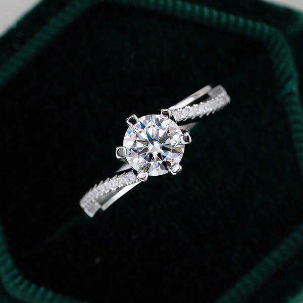 1 pièce Bague en diamant classique de luxe 1 carat, couleur D VVS1 Moissanite plaqué or 18 carats en argent sterling S925 pour femmes, bague de fiançailles et de mariage avec boîte-cadeau, convient pour un anniversaire ou un cadeau