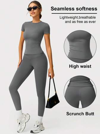 2 st/set kvinnor mjuka, fukttransporterande rund halsringade kortärmade toppar och elastiska yogabyxor