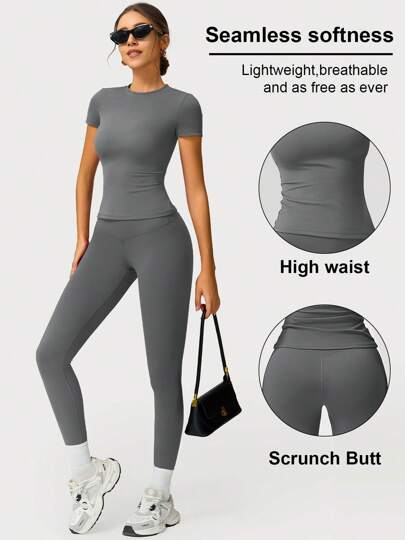 2pcs Women Soft Moisture Wicking Crew Neck Short Sleeve Top And Elastic Yoga Sports Pants